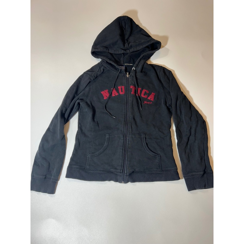 Nautica Full Zip Hoodie Womens Medium Black Excellent Embroidered Logo Y2K Sweat